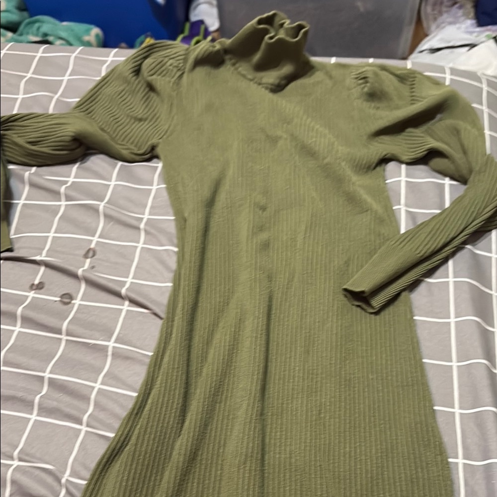 Olive Green Ribbed Turtleneck Dress